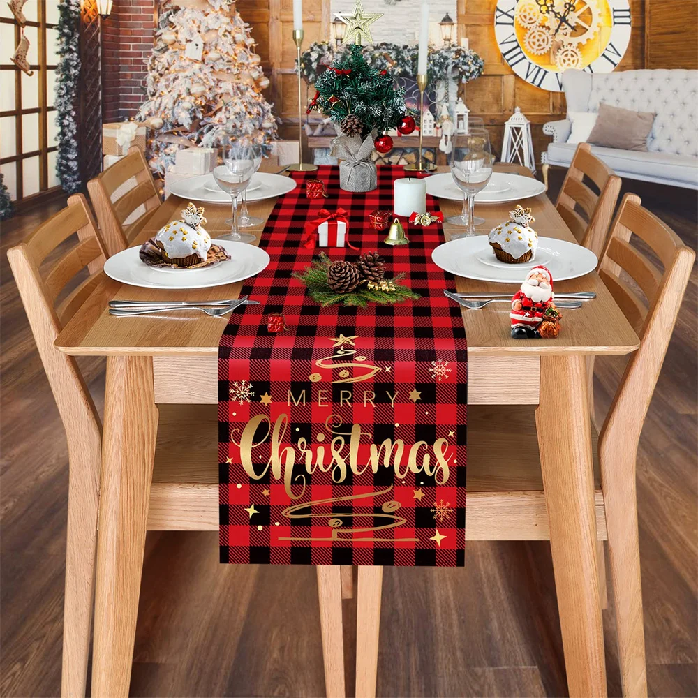 Christmas black red plaid table flag text Blessing Snow table Runner Family Holiday party kitchen table decoration