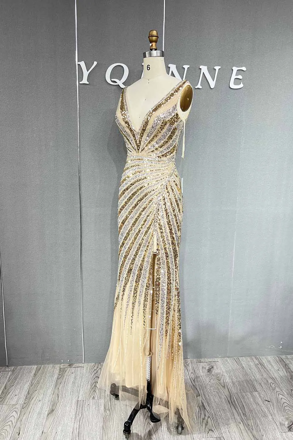 YQLNNE Champagne Gold High Slit Long Prom Dresses Deep V Neck Beading Mermaid Red Carpet Eventing Party Gown