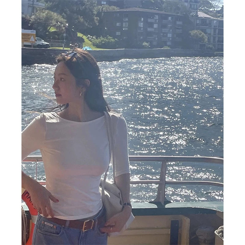 MEXZT Fashion T Shirts Women Streetwear Square Collar Crop Tops Ladies Elegant Korean Three Quarter Slim All Match Design Tees