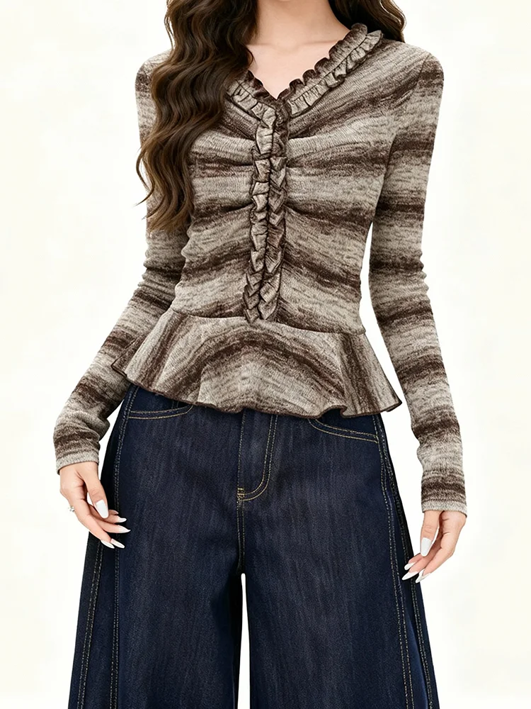 

Ретро-полосатый вязаный топ с V-образным вырезом для женщин, с длинным рукавом, облегающий, теплый, осенний, модный, для повседневной носки, базовая кофта