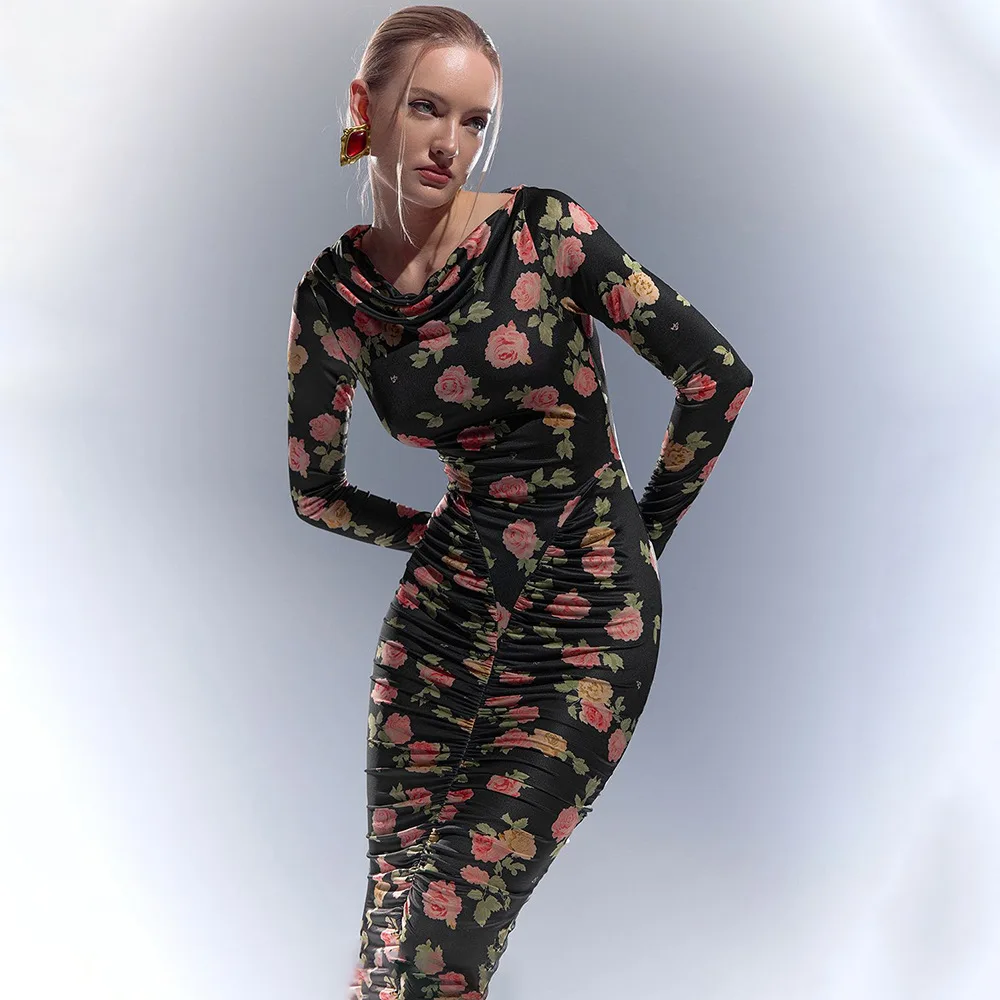 Dresses 2025 For Woman Slim Vestidos Off Shoulder Printed Evening Elegant Dress Party Holiday Vintage Temperament Trendy Fashion