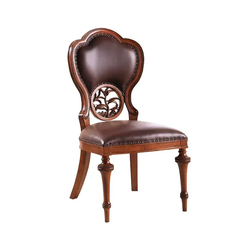 American Country Solid Wood Genuine Leather Dining Chair European Vintage Distressed Carved Backrest Modern for Villa Home