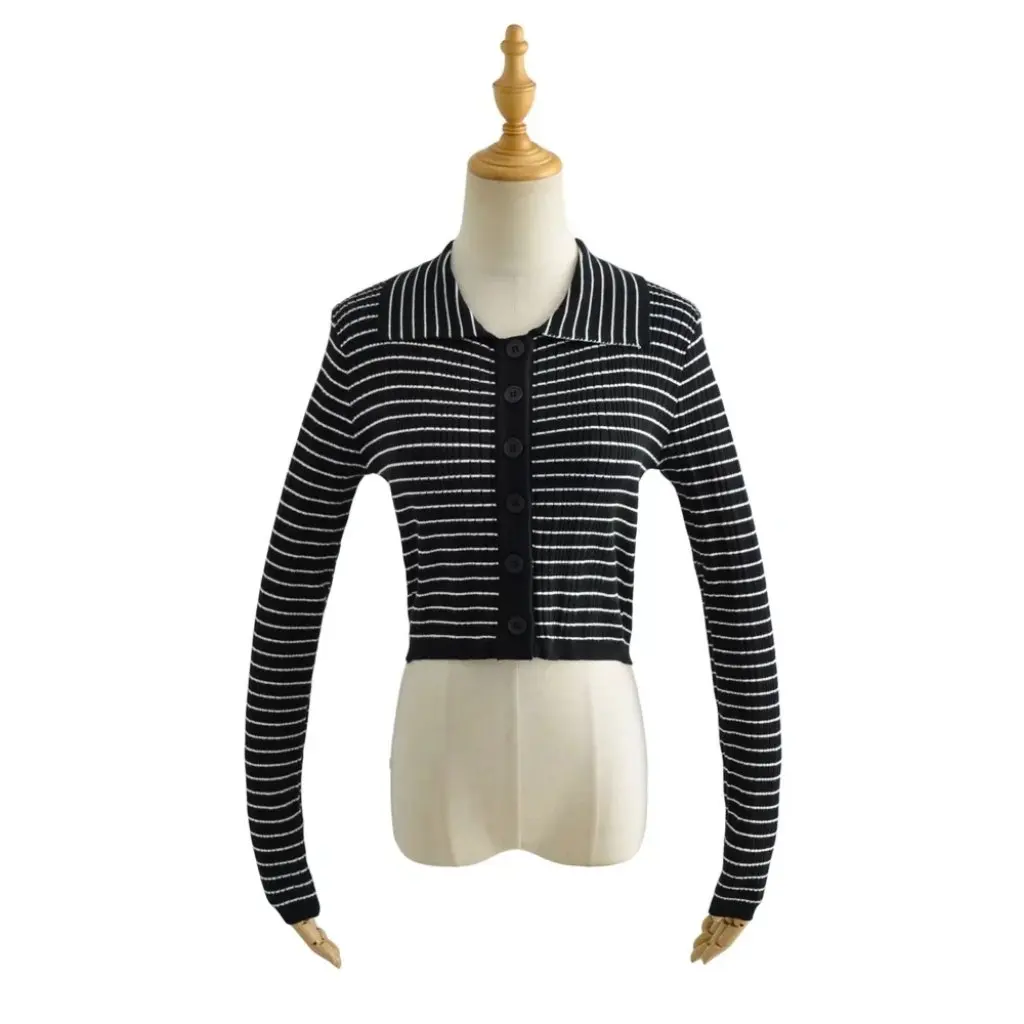 

Women's European And American Style Single-Breasted Lapel Pit Knitted Cardigan Autumn New Long-Sleeved Striped Top