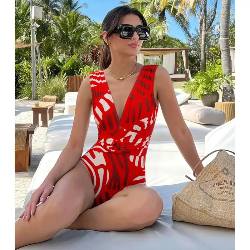 Women 2026 Summer Swimsuit And Skirt Flaxmaker Sexy Deep V Neck Swimwear Biquini Bodysuit Red Ring Decorate Printed Beachwear