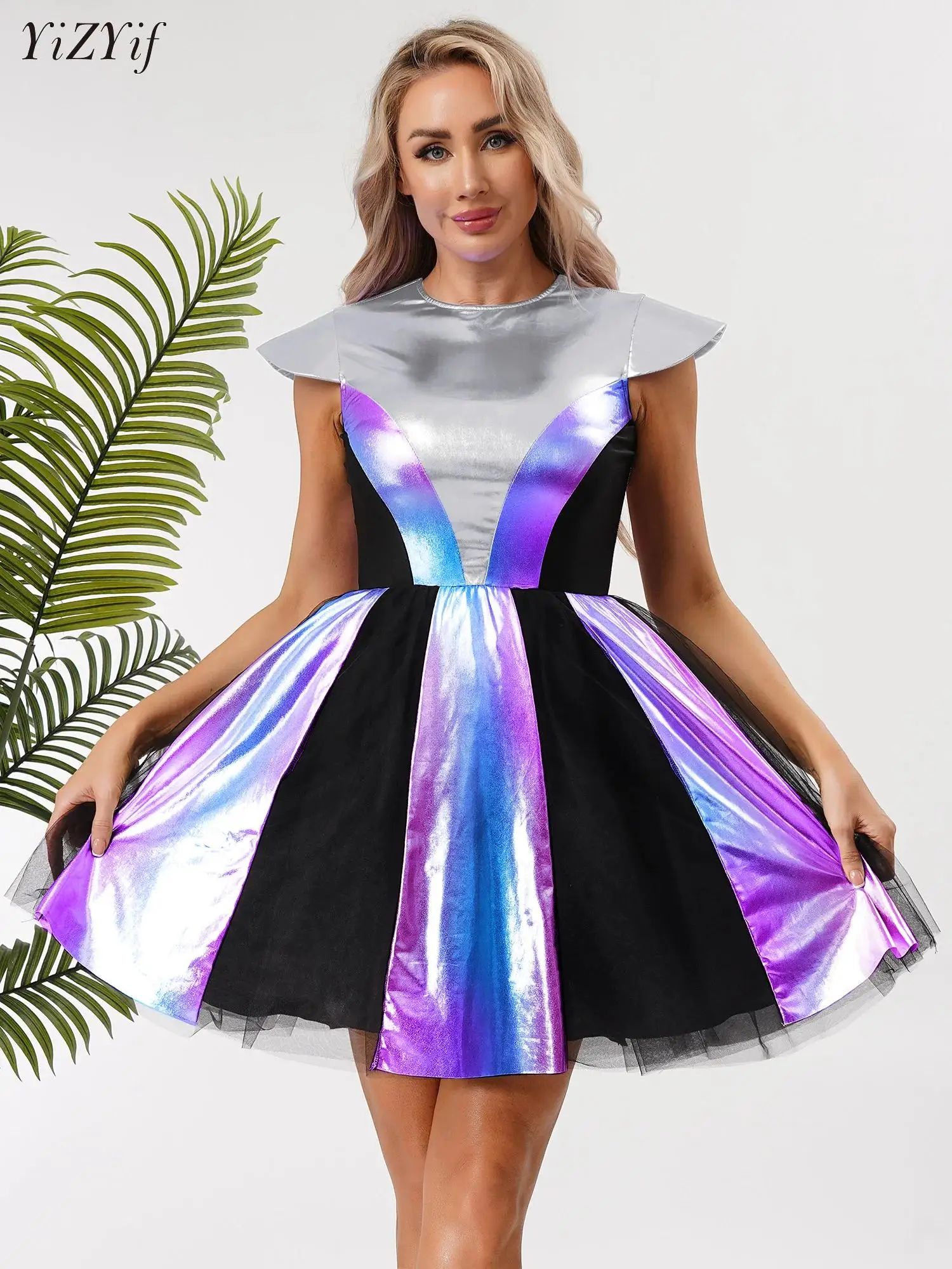 

Women Shiny Alien Outerspace Halloween Cosplay Costume Short Sleeve Metallic A Line Puffy Dance Dress for Future World Party