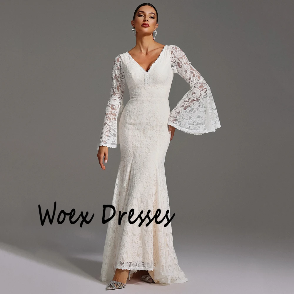 Abito da sera da donna a sirena in pizzo con scollo a V personalizzato ILLUSION Abito da festa alto-basso con maniche lunghe Abito da ballo alla caviglia senza schienale