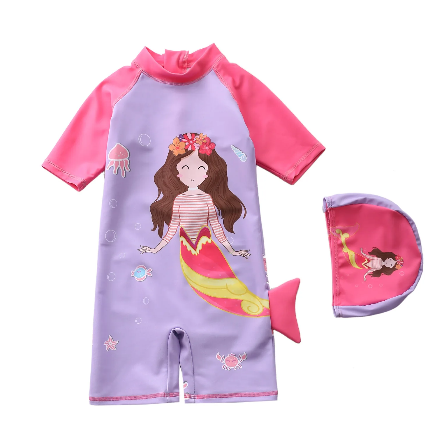 HappyFlute New One Piece Mermaid Prints Girl Short Sleeve Soft&Breathable Summer Vacation Sunscreen  Swimsuit