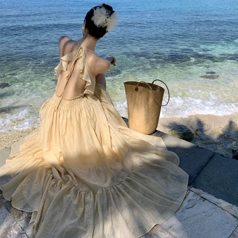 

Backless Sexy Holiday Beach Fairy Dress Women Summer Sleeveless Spaghetti Strap Slit Long Dress Elegant Evening Party Dresses