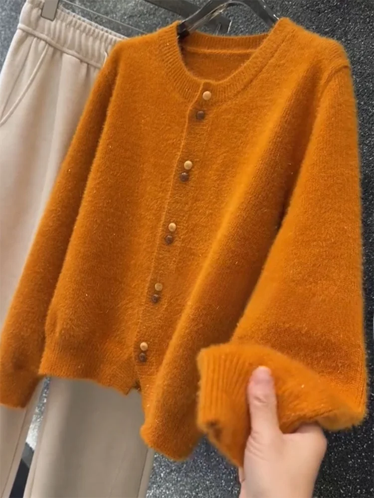 

Korean Sle Soft Cozy round Ne Knitted Open Cardigan Autumn Winter New Arrival plus Size Ele Versatile Anti-Aging Top