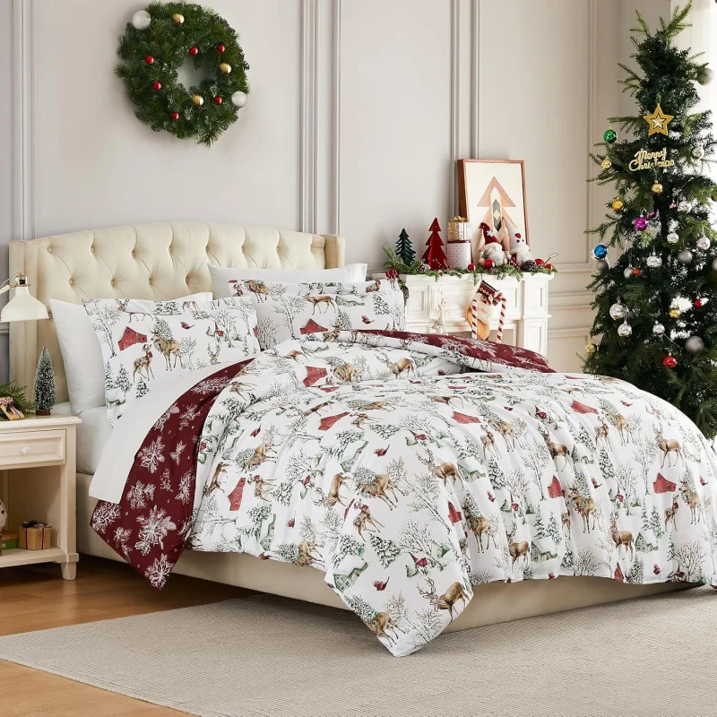 

Extra Large Christmas bedding set, duvet cover, white holiday bedding, farmhouse print