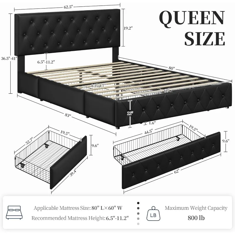 Queen Bed Frame Upholstered Bed Frame with Adjustable Diamond Button-Tufted Headboard/3 Drawers Storage, Queen Platform