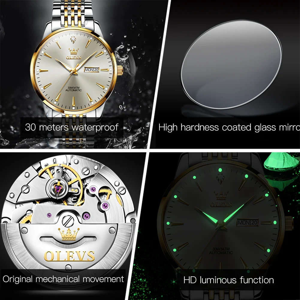 OLEVS Men Watches Luxury Brand Automatic Mechanical Wristwatch for Men Dual Calendar Minimalist Business Fashion Man Watch 2023