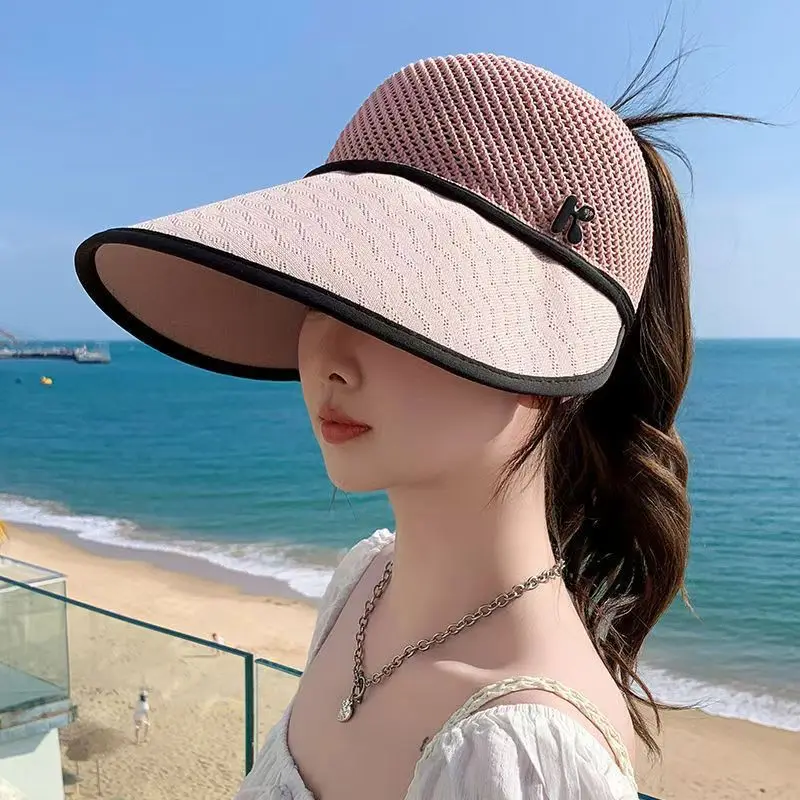 Summer Uv Protection Sun Hat 100 Percent Cotton Knitted Empty Top Ponytail Friendly Wide Brim Rollable Portable Outdoor Beach 4