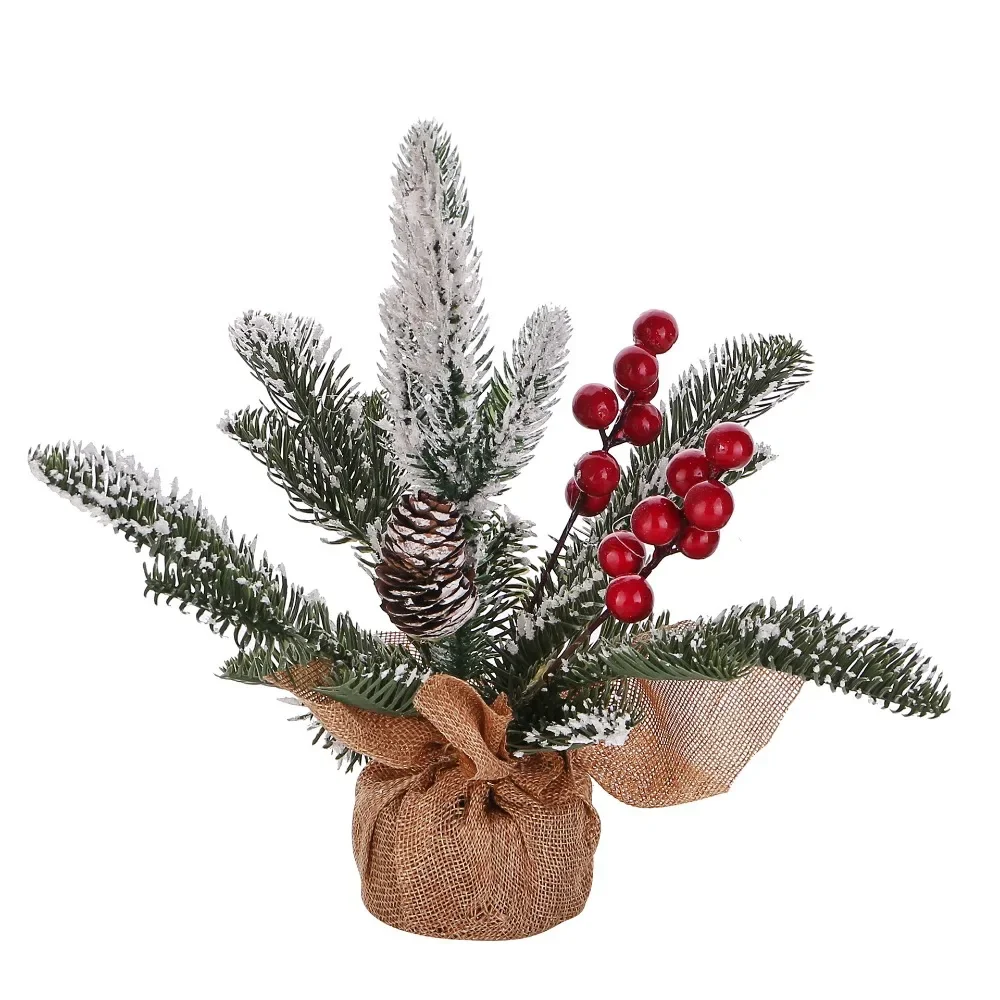 

High-end Mini Christmas Tree Home Tabletop Ornament, PE Tree Wrapped with White and Red Pine Cones Round Bottom