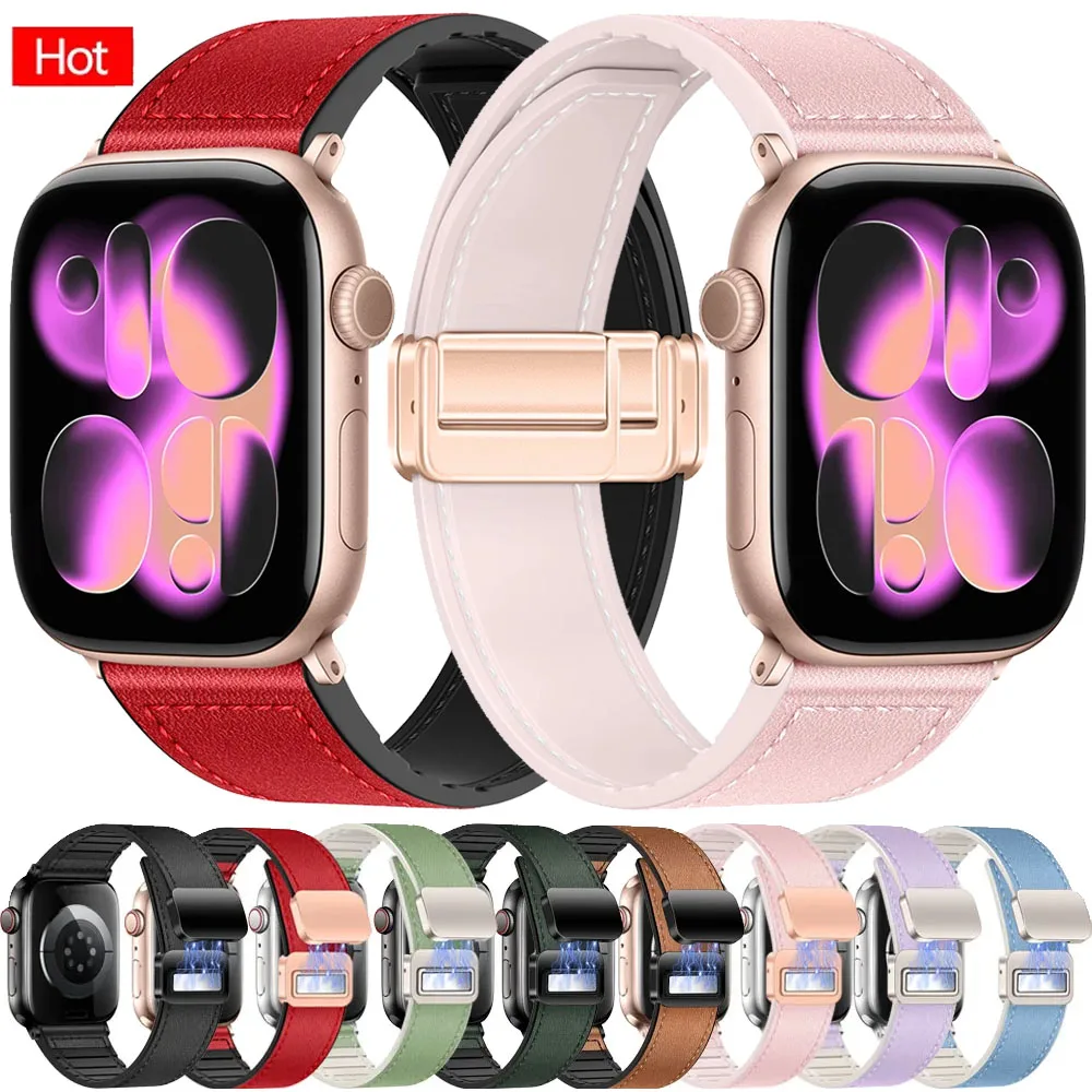 Leder + Silikon-Magnetarmband für Apple Watch 11 10 42/46 mm Ultra 3 49 mm Fashion Band iWatch 9 8 7 6 5 SE 45/41 mm 40/44 mm Gürtel