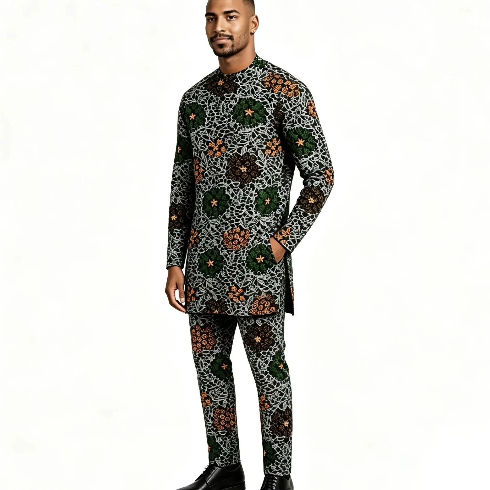 African Print Men's Long Sleeve Shirt And Elastic Waist Pants Set Tailored Vintage Party Wear Customizable Original Design