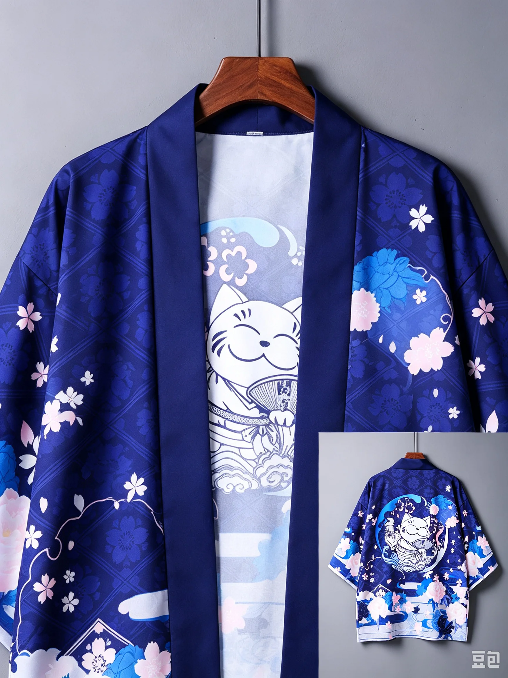 European And American men's Summer Personalized Cat Pattern Printed Cardigan Kimono Traditional Top Outdoor Casual Clothing