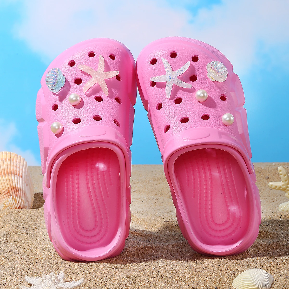 Starfish Seashell Clogs for Girls, Cute Shoes Accessories, Girls DIY Sandals Beach Decoration Outdoor Slippers