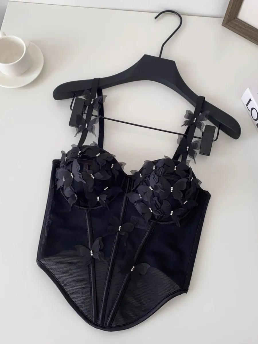 Foamlina Trendy Mesh Fishbone Farfalla Corsetto a fascia Top Donna Vintage Francese Romantico Estetico Ragazza Crop Top Vest Camis