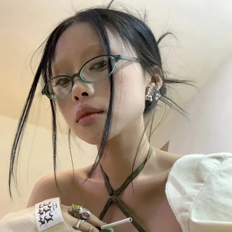 Retro Blue Green Oval Small Frame Glasses Frame Women\'s Anti Blue Light Glasses New Fashion Y2K Style Eyeglasses Frame