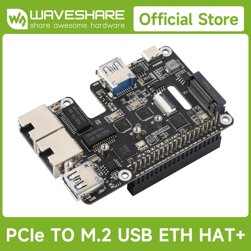 Waveshare PCIe To USB 3.2 Gen1 / 2.5G ETH / M.2 NVMe Adapter For Raspberry Pi 5,  Expands 2-ch USB 3.2 Ports 2-ch Ethernet Ports