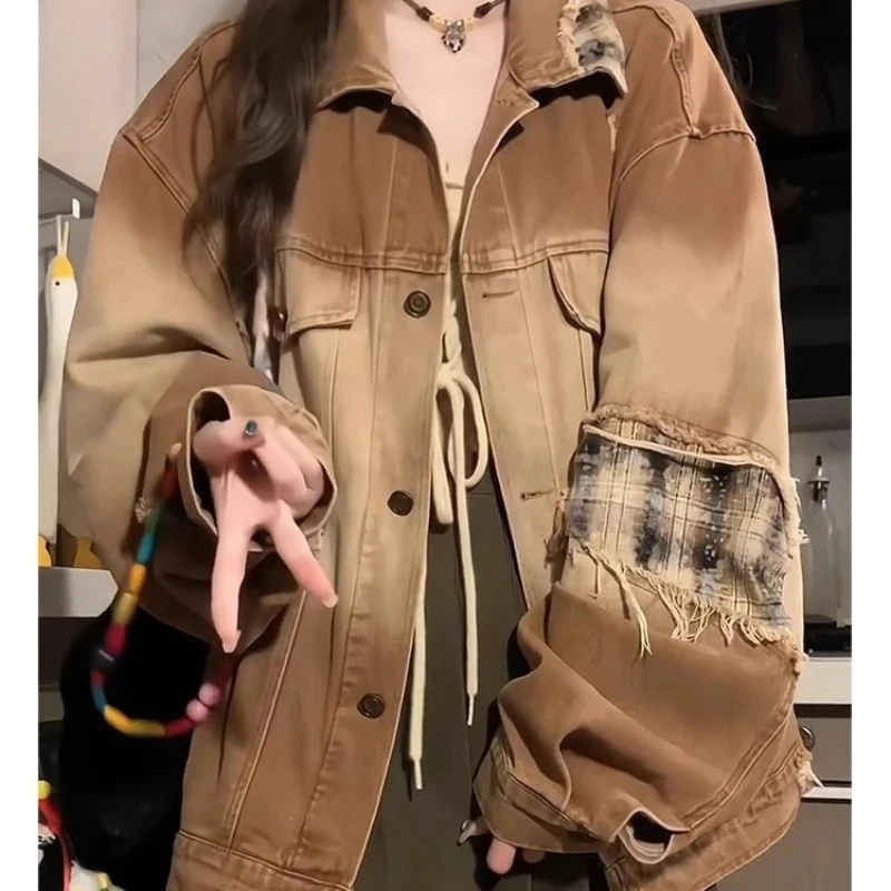 

Women's Distressed Khaki Denim Jacket | Plaid Patch Ripped Fringe Detailing Drawstring Accents Edgy Streetwear Retro Casual Coat