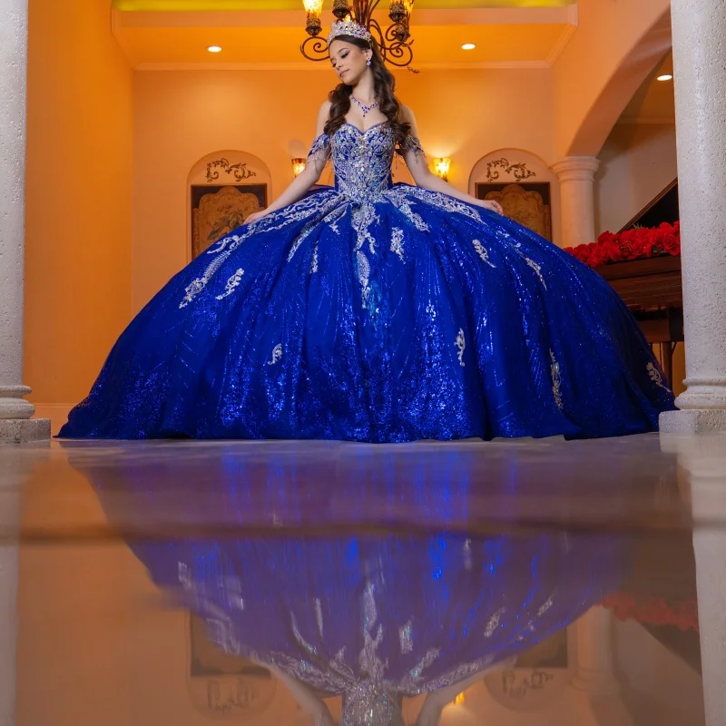 

Royal Blue Quinceanera Dress off-shoulder Silvery Sequins Crystal Decal Long tail Bow vestidos de 15 Quinceanera ﻿Customize