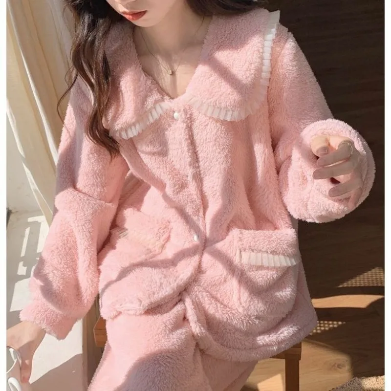 2024 New Sweet Princess Style Women\'s Pajamas Autumn Winter Coral Plush Sleepwear Warm Large Size Girls Outwear Home Wear Set