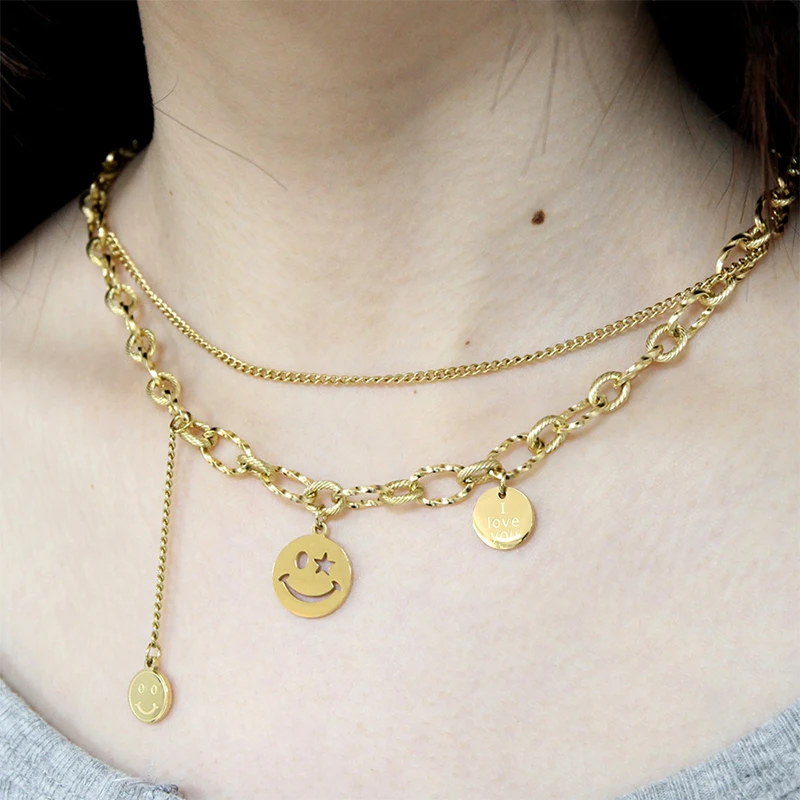 Smiling Face Necklace for Women, Light Luxury, and Popular 2023 New Fashion ins Hip Hop Network Popular Double Layer Laptop Coll