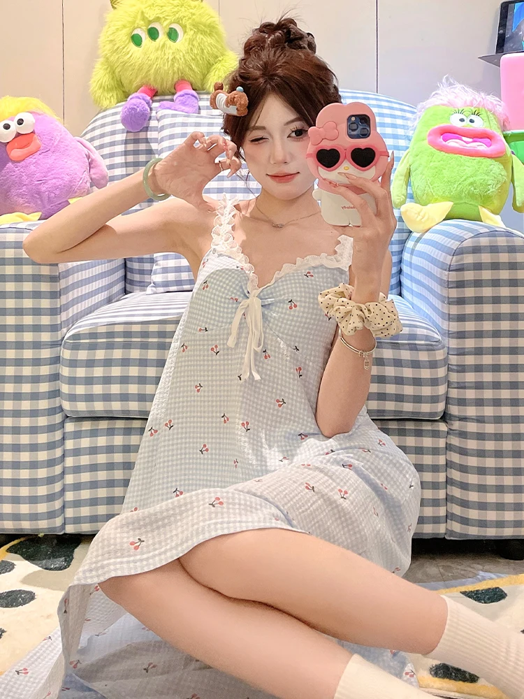 DAIMELU sleepwear girl nightdress women summer with chest pad sexy bud edge sweet blue nightgown thin pajamas loungewear nighty