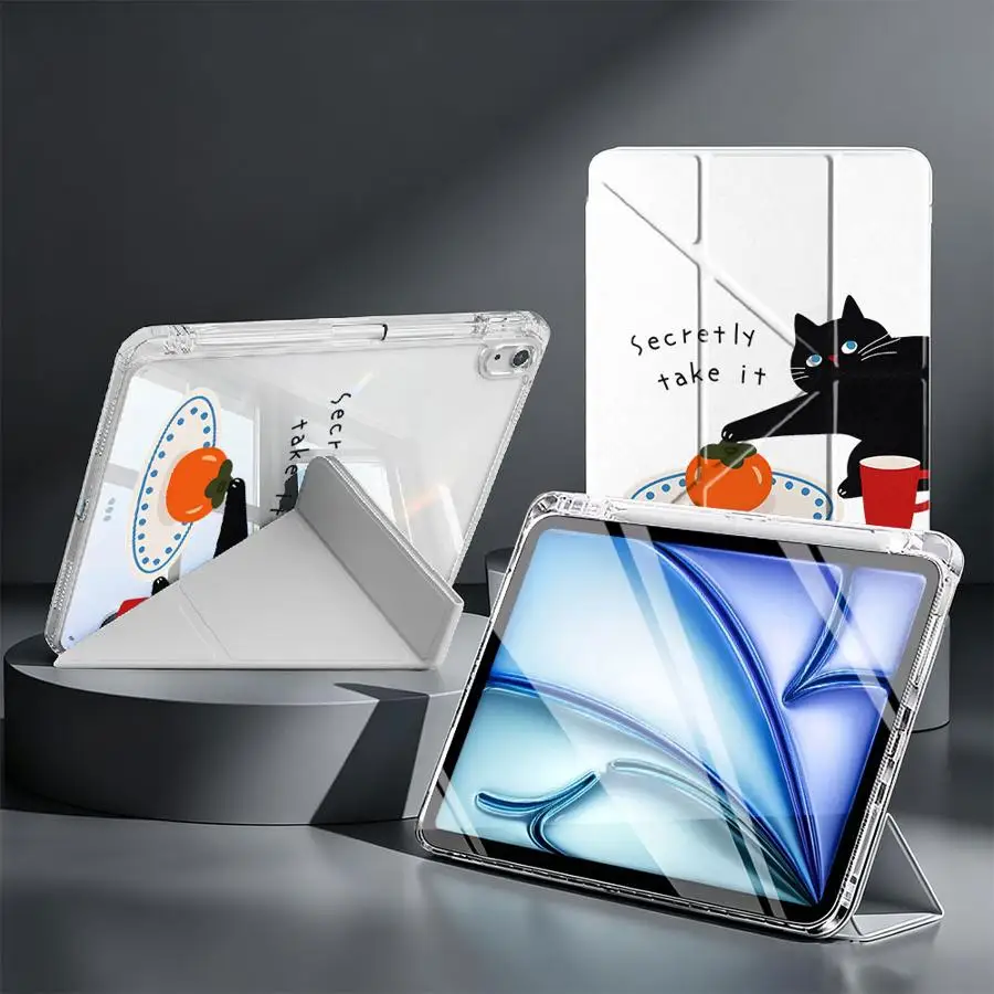 Cartoon Black Kitty With Pen Slot Cover Tablet Case For Samsung Galaxy Tab A8 A9 Plus S7 FE S8 A11 S10 Lite S9 Plus
