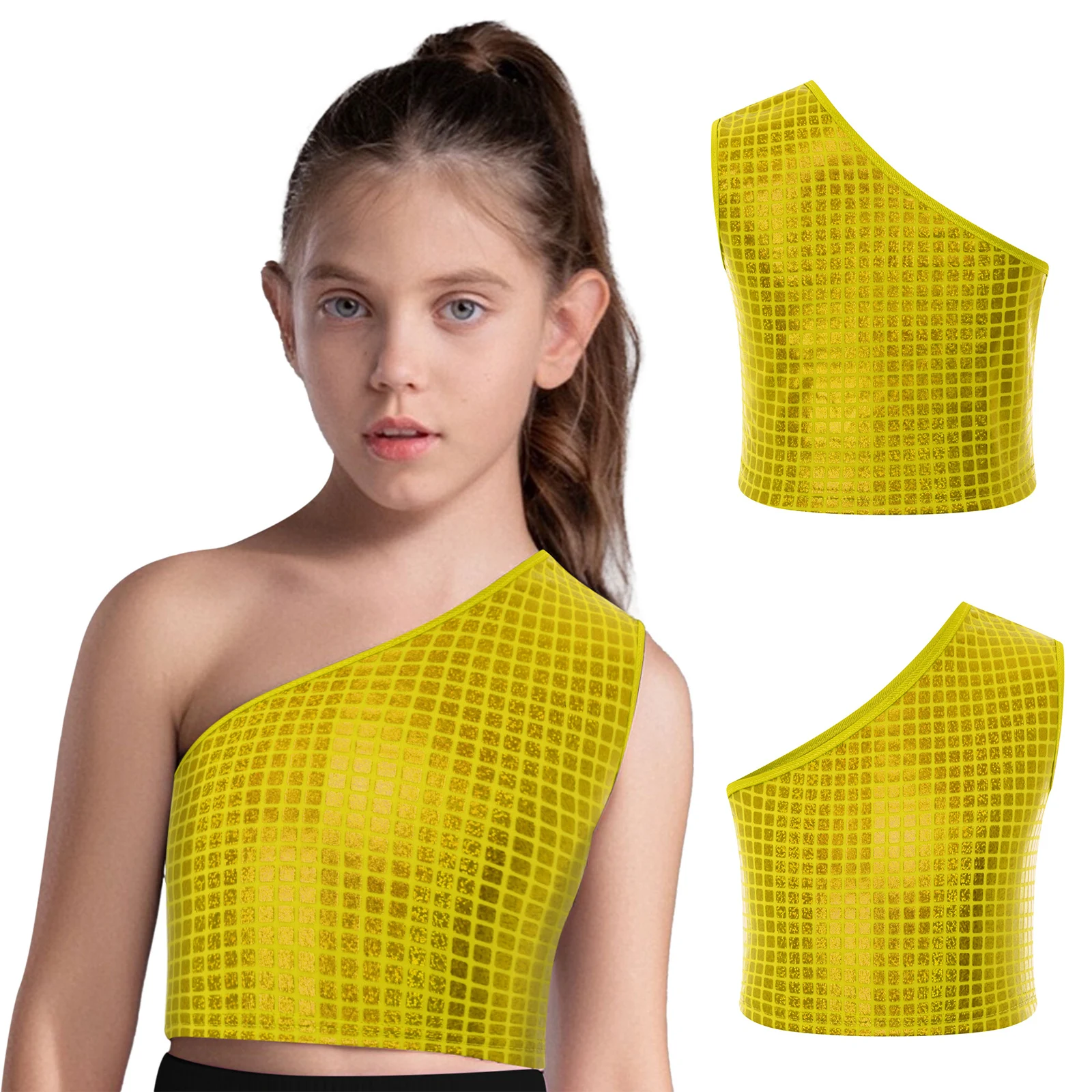 Traje de baile de Hip-Hop para niñas, chaleco a cuadros metálico con un hombro, Top corto sin mangas para baile de Jazz, ropa de baile moderna para Yoga y gimnasio