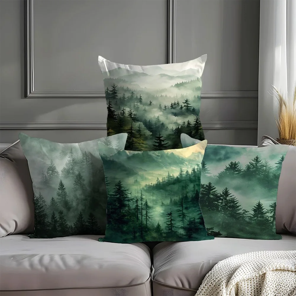 Fundas de almohada con estampado de paisaje de bosque brumoso para máxima comodidad y estilo, funda de cojín para sofá