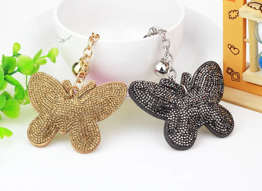 Bling Rhinestone Butterfly Keychain Bell Key Ring Cute Animal Handbag Charm Pendant Car Key Holder Gift