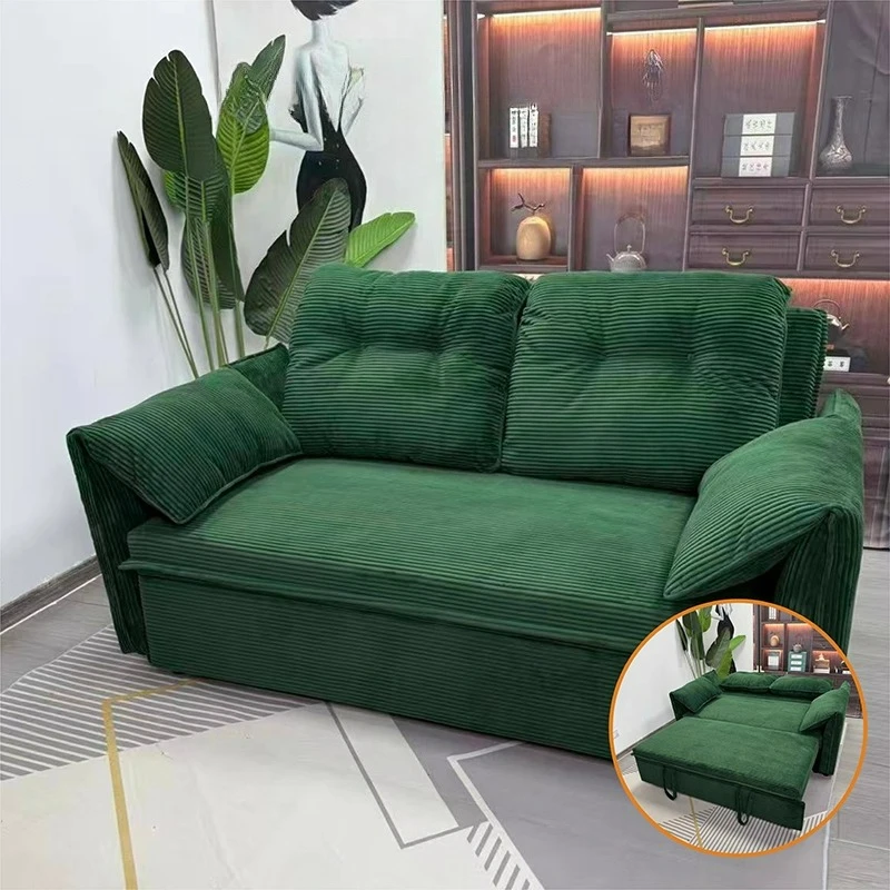 LTT corduroy sofa bed multi-functional broaching bed living room solid wood telescopic pull fabric sofa
