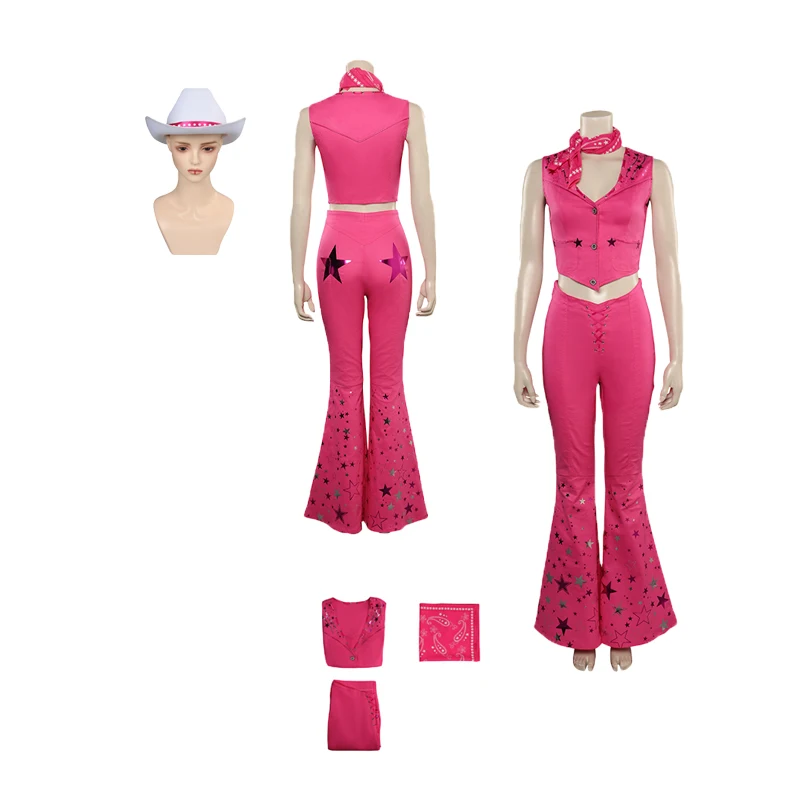 Margot Cosplay Costume Female Pink Vest Pants Scarf Women Girls Jeans White Cowboy Hat Cap Outfits Halloween Suit