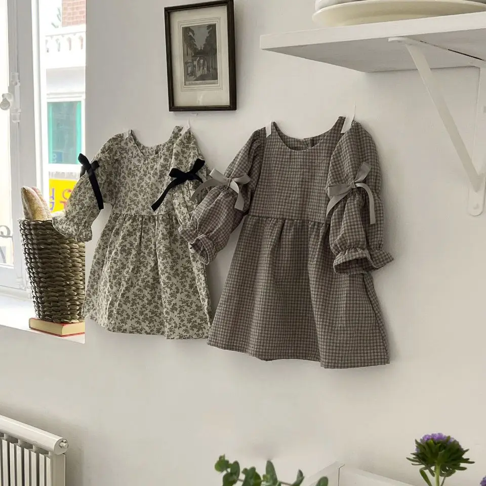 2026 Spring New Baby Girl Long Sleeve Plaid Dress Cotton Girls Cute Bow Princess Dress Toddler Casual Dress Infant Clothes