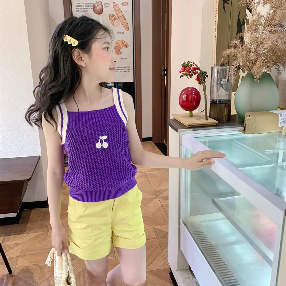 2026 kids clothing kids girls clothes Cherry patterned purple knitted vest Summer girls' tops Girl's sleeveless camisole