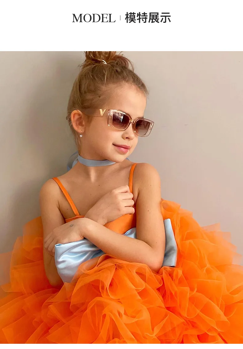 2026 New Baby Summer Girls Boutique Orange Tutu Bow Sling Dress , Princess Kids Sweet Fashion Party Dress  4-8 T