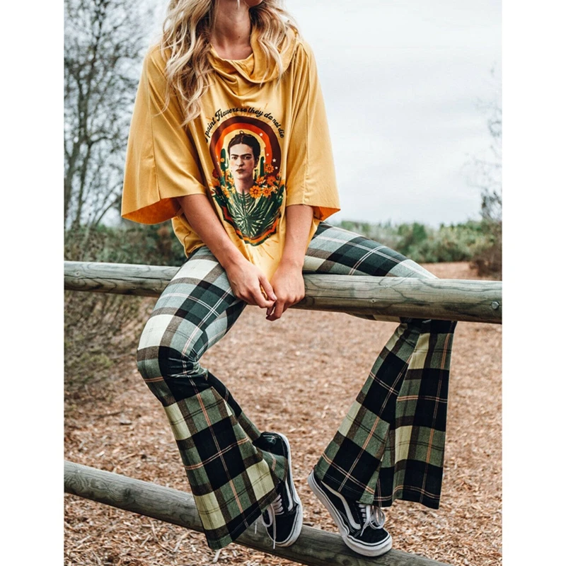 Pantaloni lunghi a zampa di elefante a vita alta Vintage da donna pantaloni a zampa di elefante Boho Hippie con fondo a campana elasticizzato verde tutto-fiammifero femminile