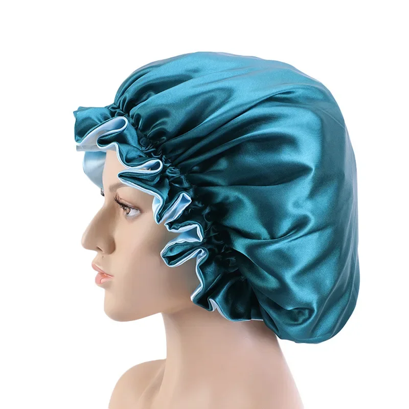 Satin Bonnet  Sleeping Cap Double Color Ding Big Lace Nightcap Extra Large Round Cap Hair Care Hair Shower Caps