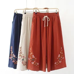 Women's Cotton And Linen Wide-Leg Pants Embroidery 2023 Summer Loose Straight Casual Pants Plus Size Capris Trousers 4XL C498