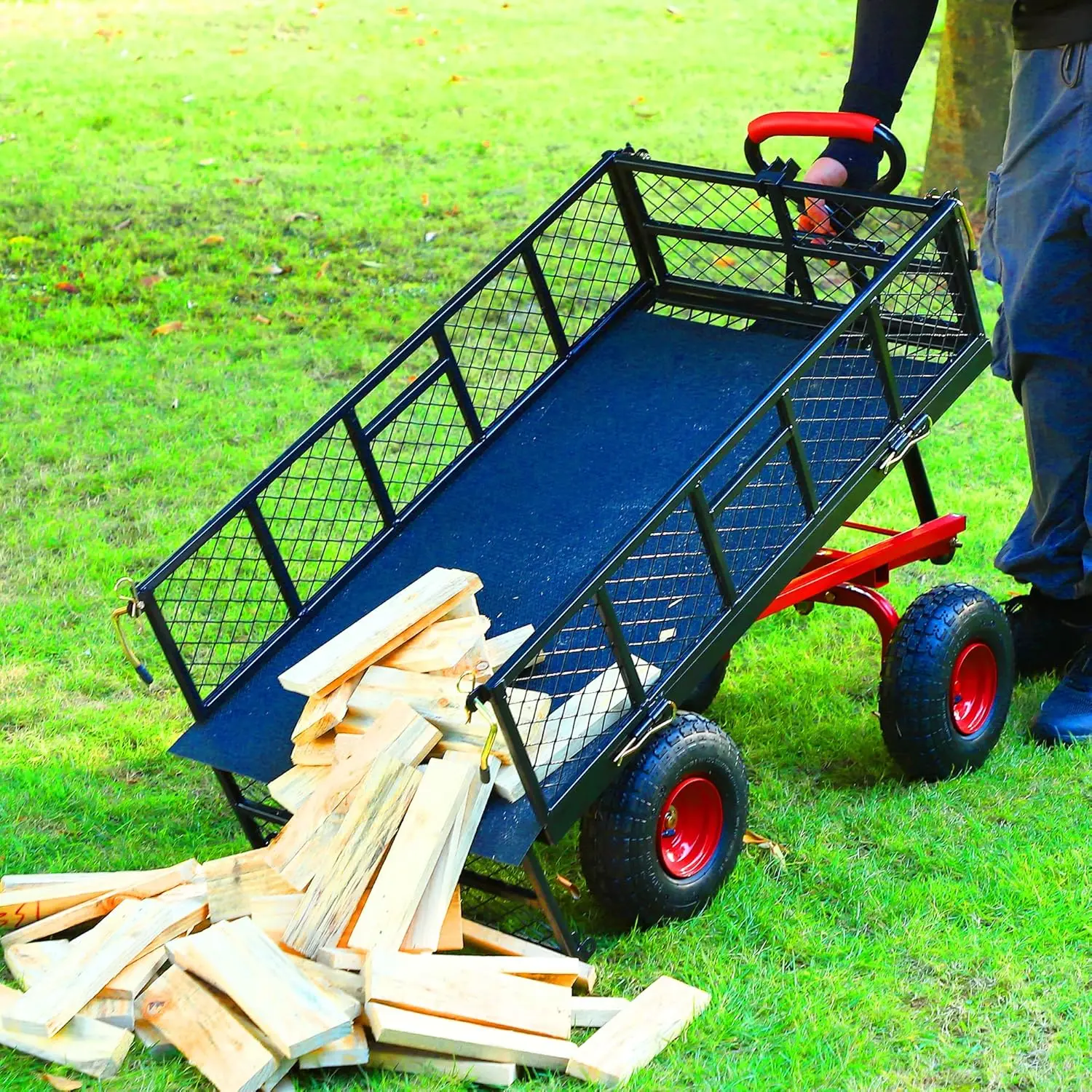 

880 Lbs Metal Garden Dump Cart Heavy Duty Garden Wagon with Removable Steel Mesh Sides Utility Yard Carts with 180° Rotating Han