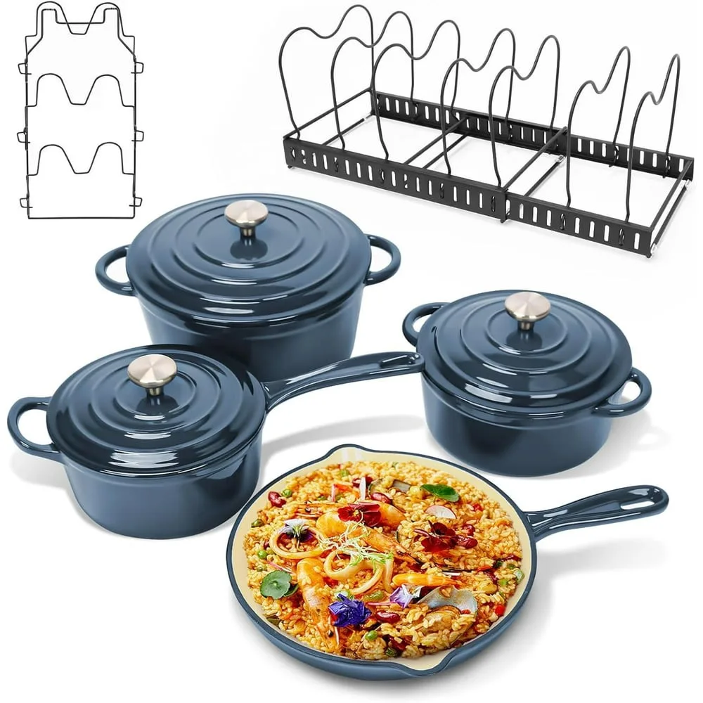 

Enameled Cast Iron Cookware Set, 7 Piece Set Of Dutch Ovens, Sauce Pan, Skillet, 3 Lids, Dutch Oven Set, Nonsti Ceramic Coated,