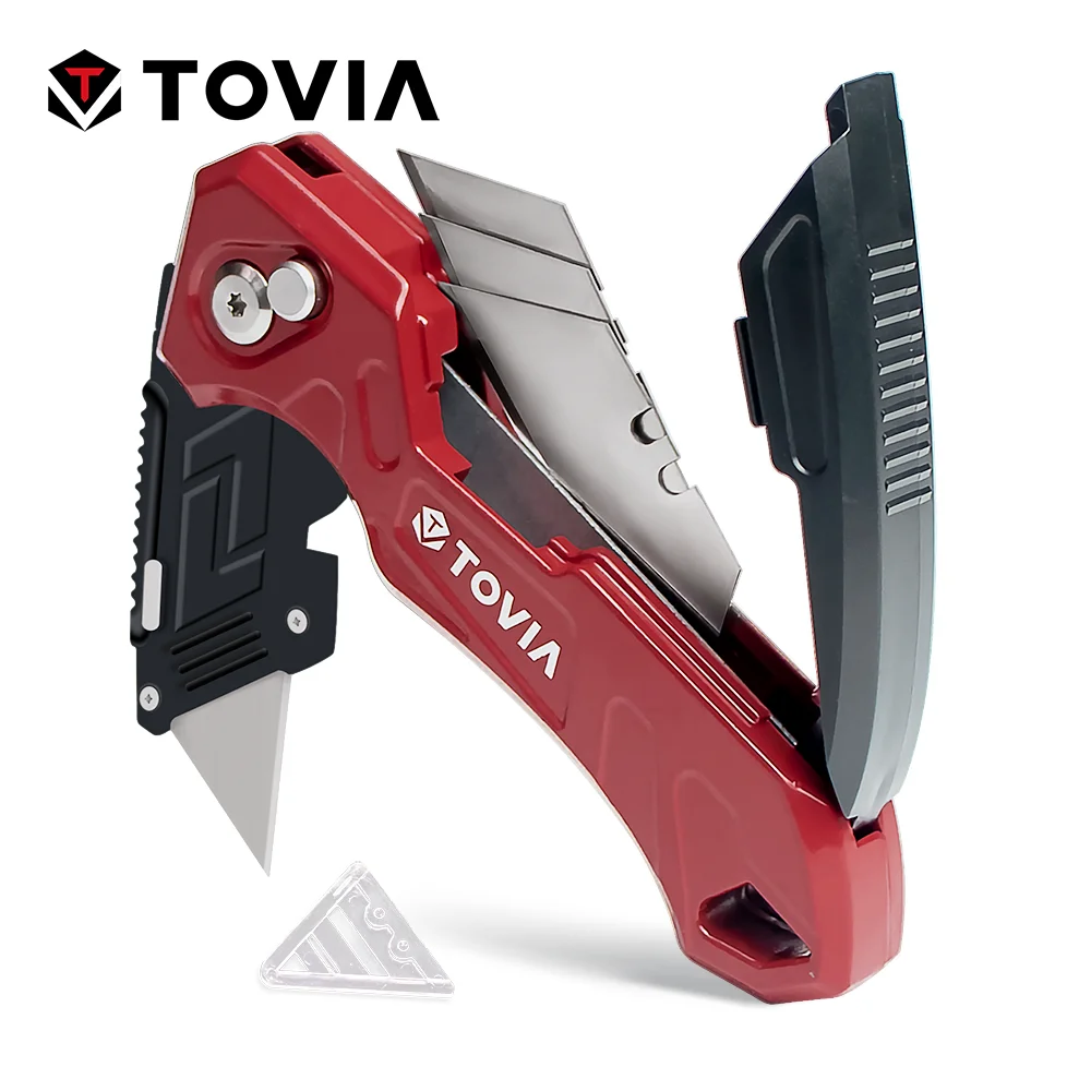 T TOVIA Folding Utility Knife Box Cutter, 3-Position Blades, Blade Storage Design with Extra 3 Blades, Box Knife for Cartons