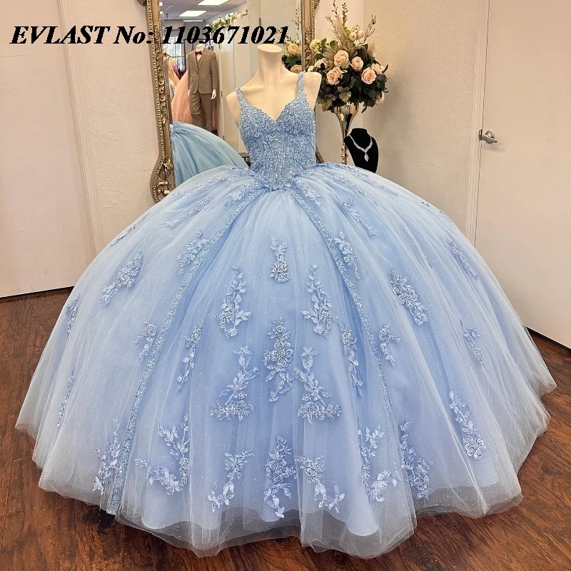 EVLAST-Robe de Rhscintillante bleu ciel, corset en cristal perlé, robe de Rh, dentelle appliquée, Sweet 16, SQ549