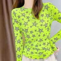 Fashion Commute Spring Summer New Women's Round Neck Geometric Printed Contrast Color Slim Long Sleeve Ice Silk T-shirts Topss