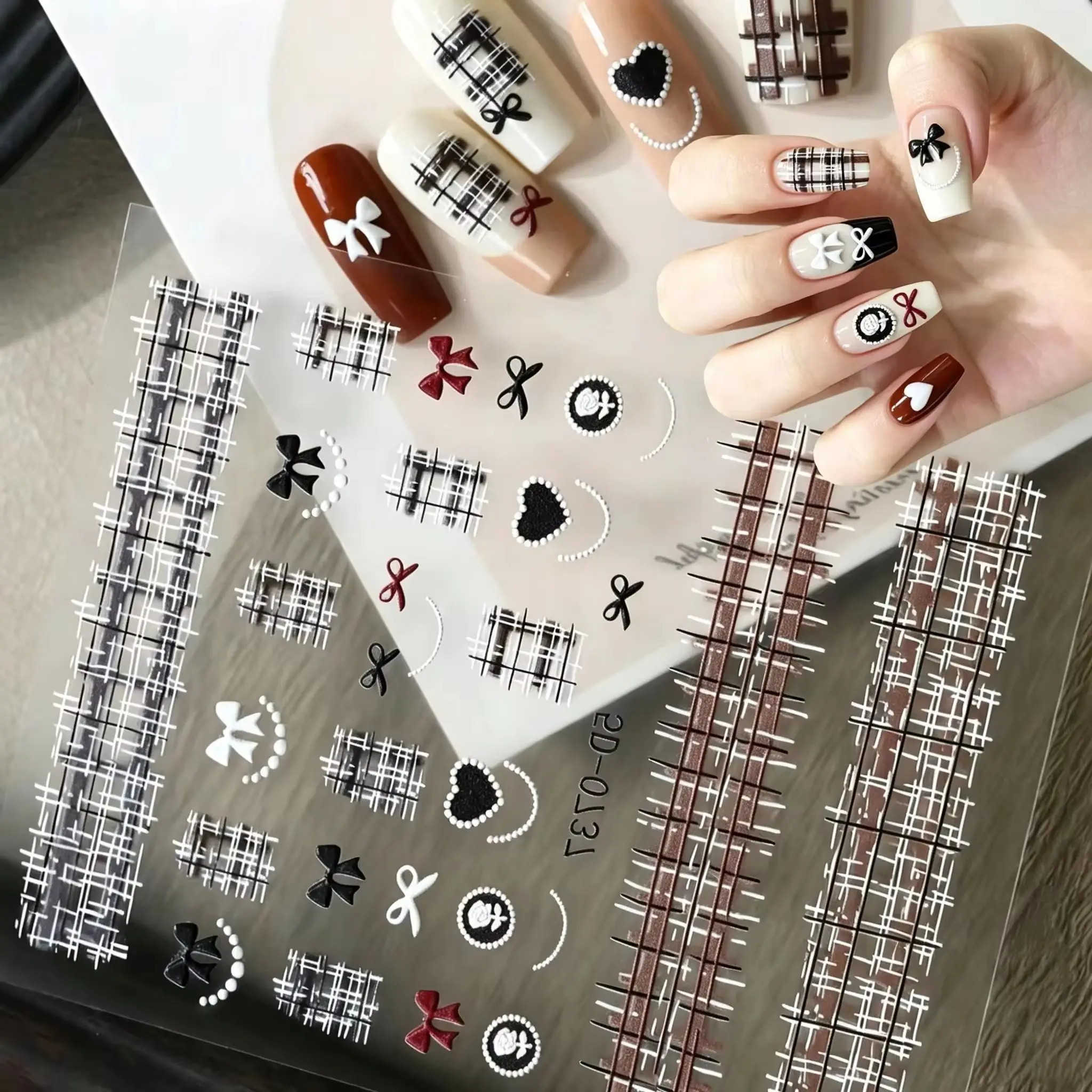 1pc 5D Embossed White Black Plaid Bow Nail Stickers Rose Heart Pearl Nail Decals Y2K Self-Adhesive Nail Sliders For DIY Manicure
