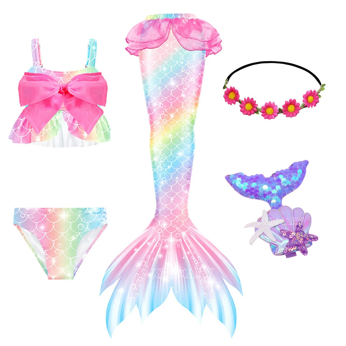 5Pcs Girls Boys Mermaid Tail Without Monofin Costume Cosplay the Little Mermaid Swimsuit Halloween Costume Beach Cloth Swimwear