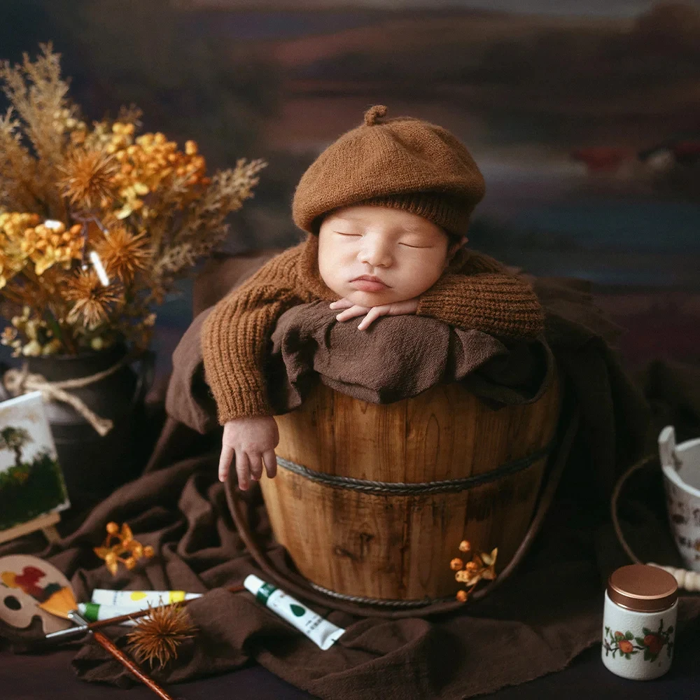 Newborn Baby Photography Clothes Baby Photo Oil Painting Background Blanket Outfit Hat Set Studio Photo Artificial Flower Props